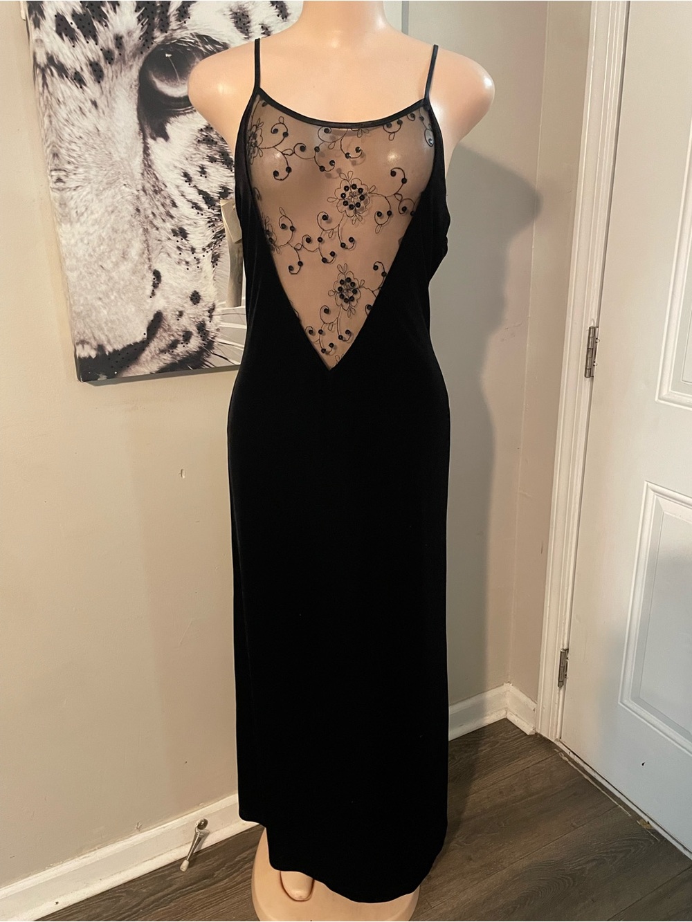 Vintage 90’s Mica velvet like Elegant Black deep neckline Sheer Applique Dress L
